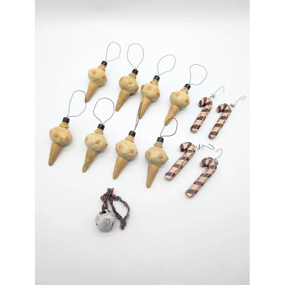 13 Lot Primitive Wood Candy Cane & Bauble Christmas Ornaments Rustic Farmhouse